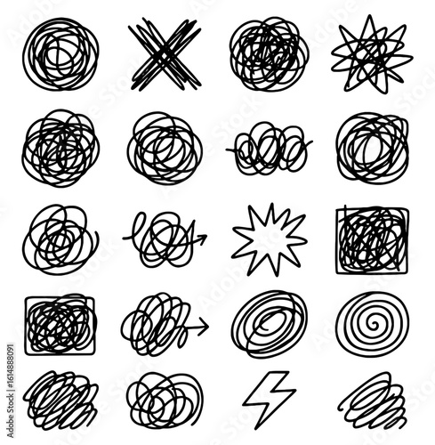 Collection of hand drawn doodle elements with chaotic line shapes design