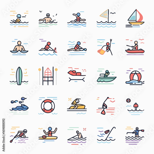 Water Sports and Activities Icon Set.