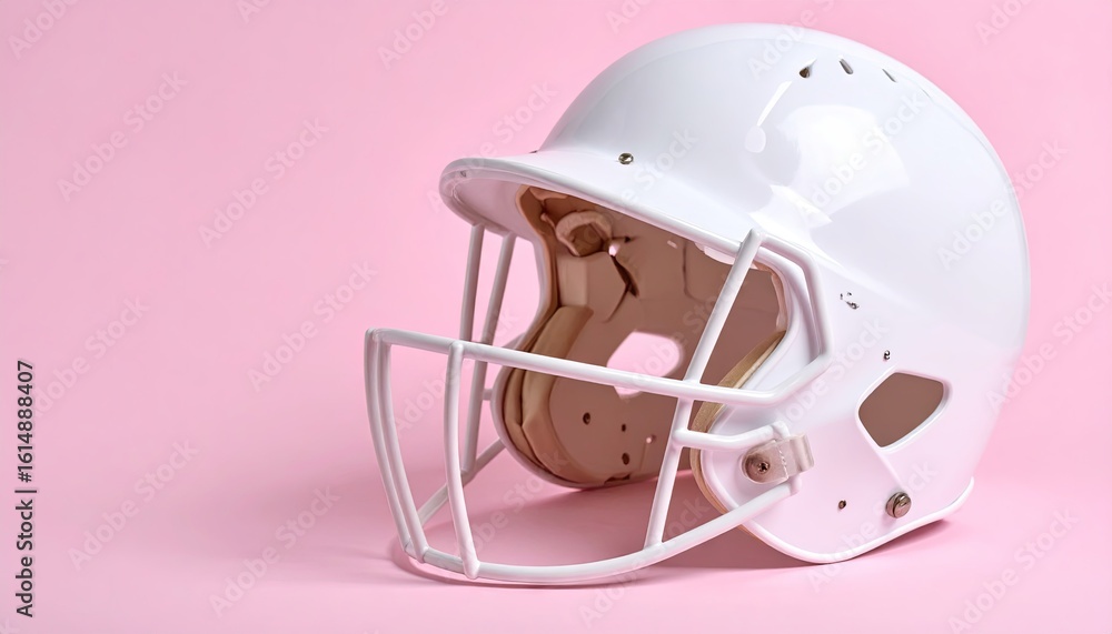 Naklejka premium White Baseball Helmet With Protective Mask Set Against Soft Pink Background Featuring Detailed Texture
