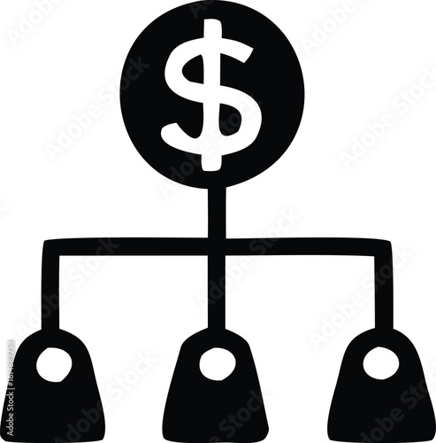 Conceptual illustration of a financial hierarchy or distribution system with a central dollar sign connected to three subordinate elements