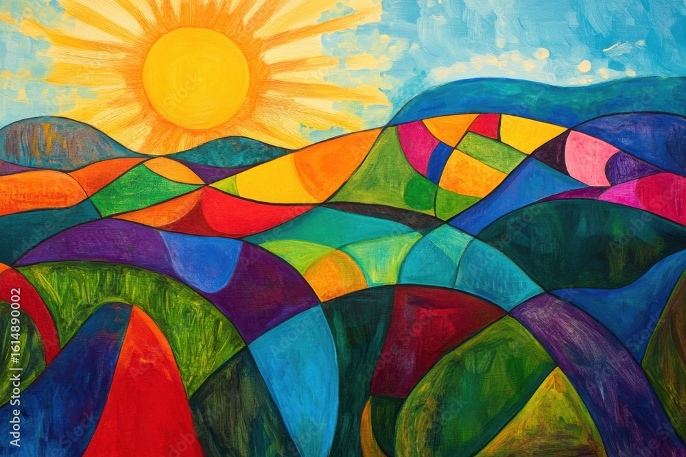 Fototapeta premium Vibrant abstract landscape with sun and rolling hills colorful