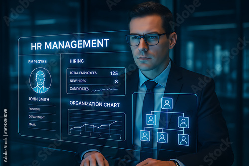 Business professional interacting with HR management interface for hiring, job recruitment, HR management, hiring, job recruitment, employee selection, business professional, digital HR interface, 
