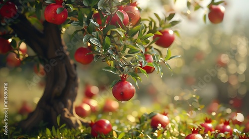 A pomegranate tree with bright red pomegranates