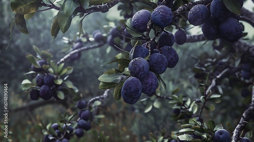A plum tree with branches full of ripe plums