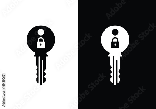 Two contrasting black and white key icons, each featuring a person and lock, representing security and access.