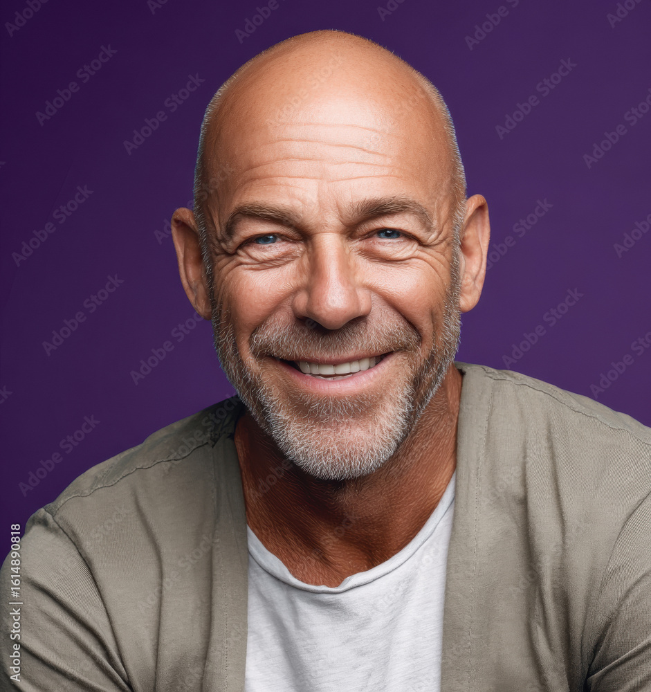 Obraz premium middle aged smiling man standing against purple background