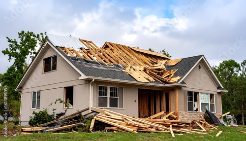 Storm-damaged house, roof ripped open, debris scattered