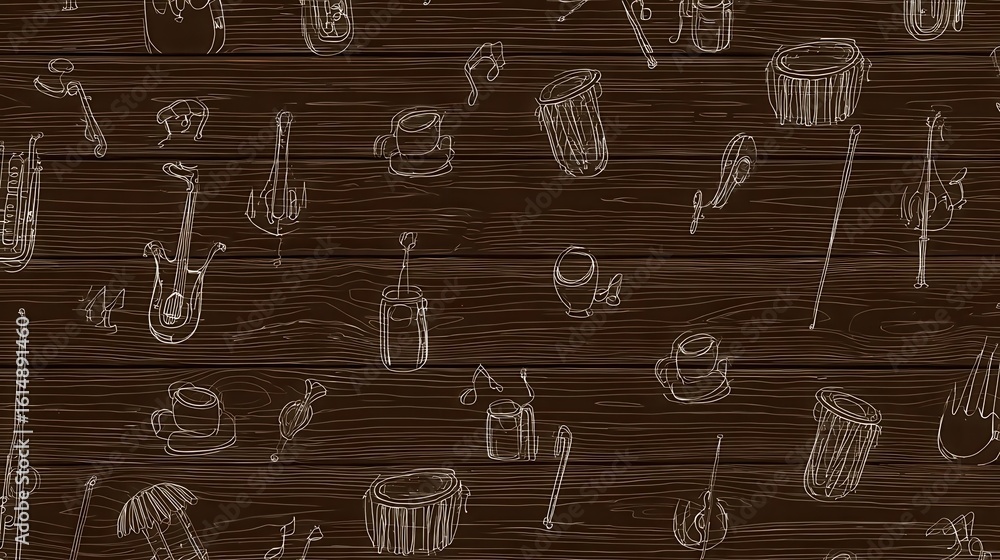 Obraz premium Musical instruments drawn on dark wooden planks.