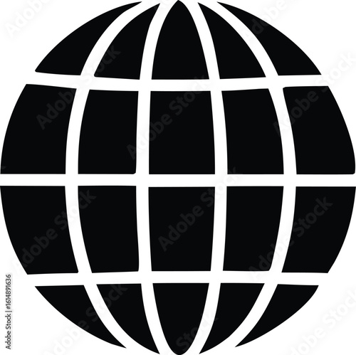 A stark black and white graphic illustration of a stylized globe with a grid of intersecting lines representing continents and meridians