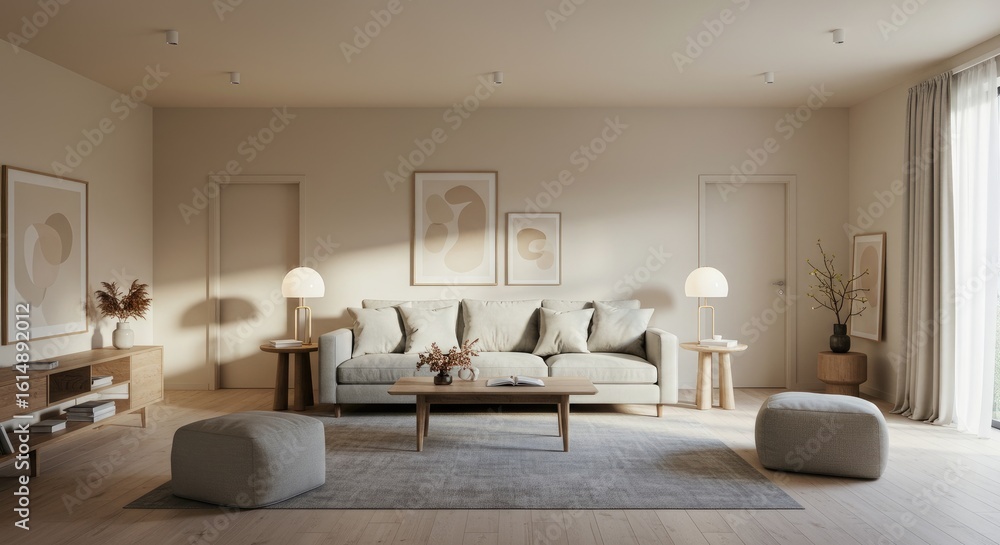Fototapeta premium Serene Living Room Interior with Neutral Tones and Modern Art