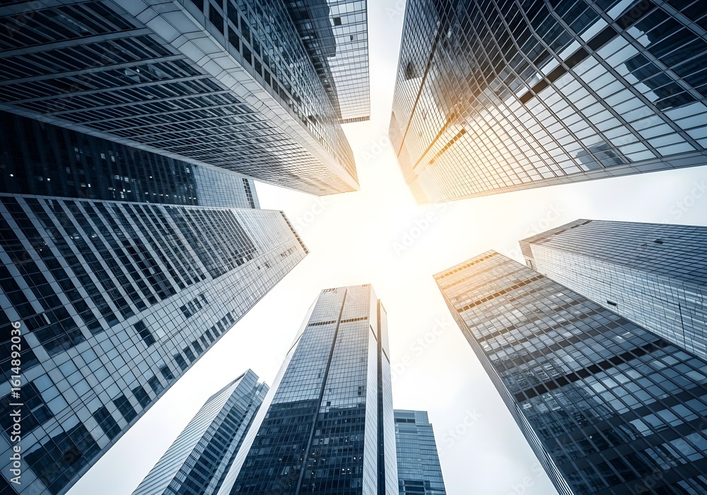 Fototapeta premium Below are skyscrapers viewed from below against a bright sky
