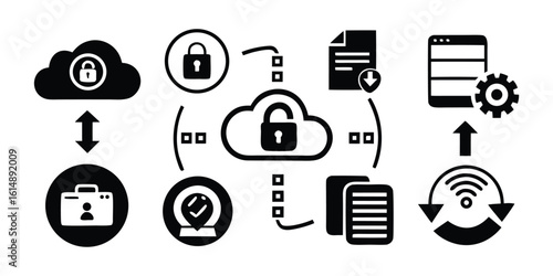Vector art of cloud data security and access control with file transfer and user icons.