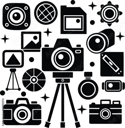 A collection of diverse photography icons and symbols representing cameras lenses tripods and related equipment in a stylized graphic
