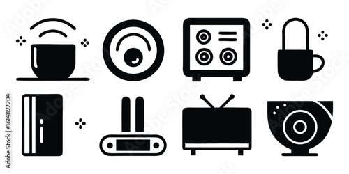 Vector art of a collection of modern smart home and iot device icons.