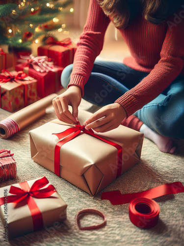 Red ribbon tied around gift box during joyful holiday preparations.
Close-up of wrapping Christmas gifts with festive tools and decorations.