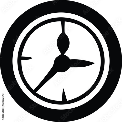 A minimalist black and white silhouette of a classic analog clock face with bold hour and minute hands indicating approximately ten past three