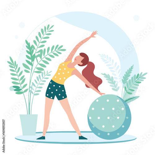 A Woman Doing a Side Stretch with a Fitness Ball Surrounded by Potted Plants in a Peaceful Scene