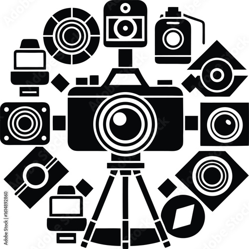 Creative arrangement of photography equipment featuring a central camera on a tripod surrounded by lenses and accessories