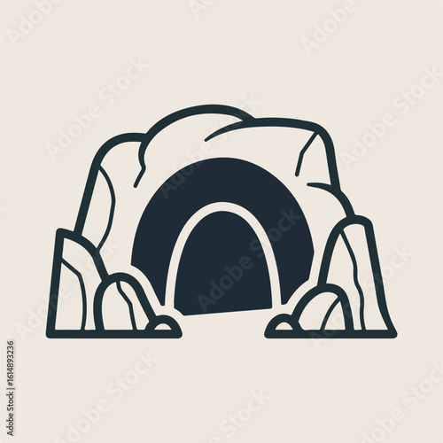 Stylized cave entrance vector illustration. Simple rock grotto or cavern icon isolated on a light background. Graphic design element.