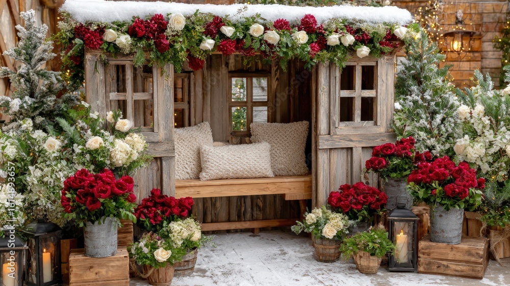 Fototapeta premium Wooden benches surrounded by colorful flowers in an outdoor garden setting during daylight.