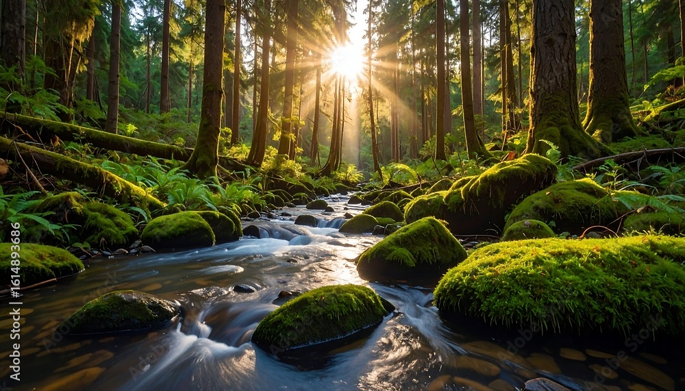 Obraz premium Sunbeams pierce a lush forest, illuminating a moss-covered stream