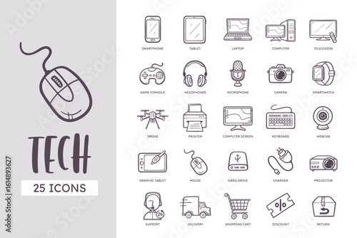 Electronics and Technology Icon Set. 25 cute hand-drawn line art style. Vector illustration.