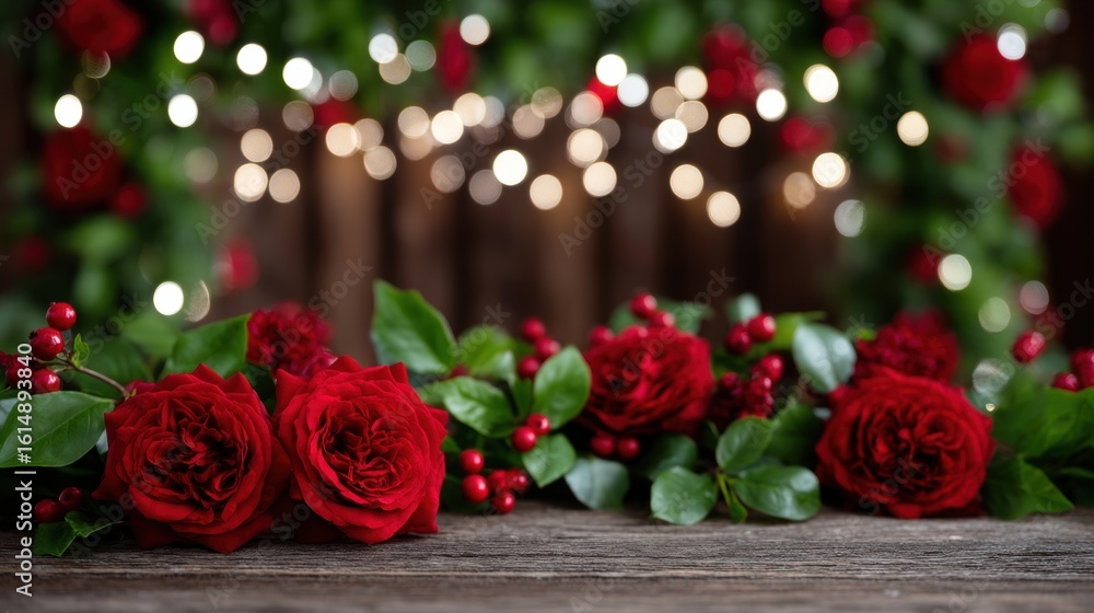 Red roses and berries arranged on a rustic wooden table with natural light, perfect for floral or seasonal themes. Red roses and berries arranged on a rustic wooden table with natural light, perfect for floral or seasonal themes.