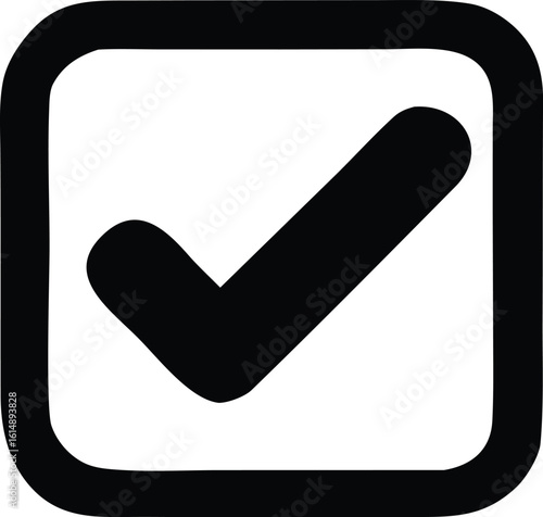 A bold black checkmark symbol is prominently displayed inside a rounded square outline against a clean white background