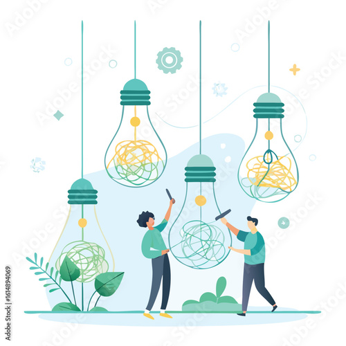 Untangling Ideas Conceptual Illustration Two People Solving Complex Problems Inside of Lightbulbs in Pursuit of Clarity and Progress