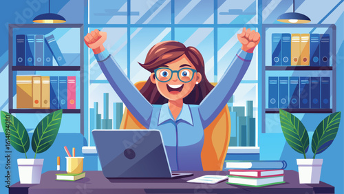 Excited businesswoman celebrating success at her office desk