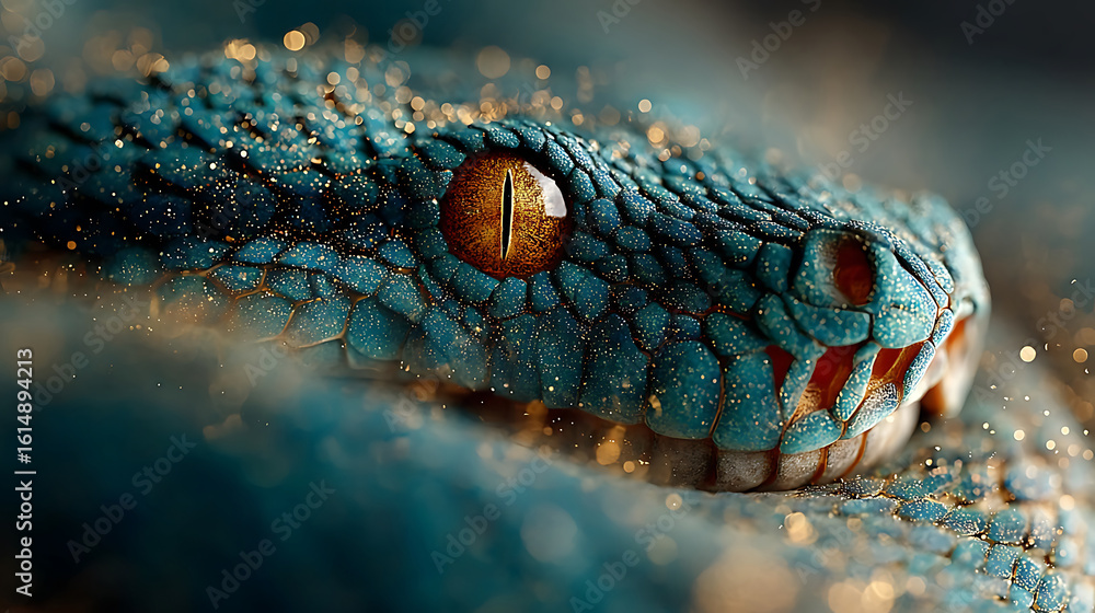 Obraz premium A closeup of a striking blue viper snakes head, its orange eye gleaming with a hint of magical glitter in the dark