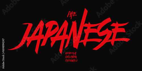 Japanese brush alphabet, edgy graffiti typeface, dynamic asian font for sushi cafe restaurant logo, samurai karate martial arts headline, manga text. Oriental calligraphic typography. Vector typeset