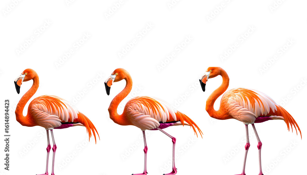 Obraz premium Beautiful pink flamingo with bright feathers and long neck standing alone on white background
