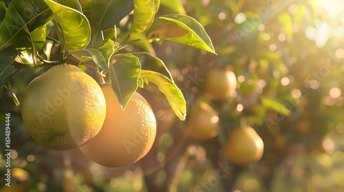 A pomelo tree with large pomelos hanging