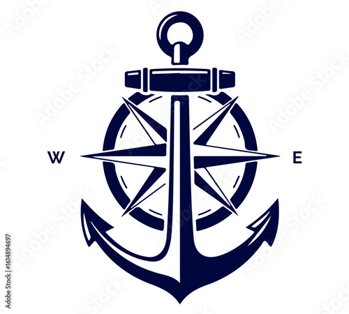 A nautical illustration depicts an anchor with a compass rose design.
