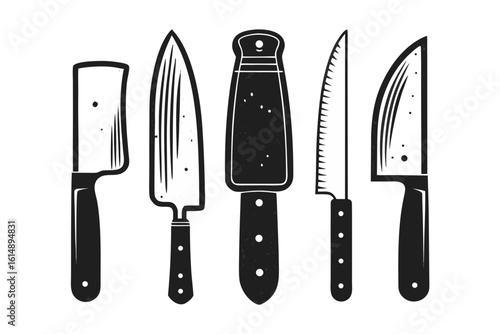 Collection of five different kitchen knives in a row with black handles and blades