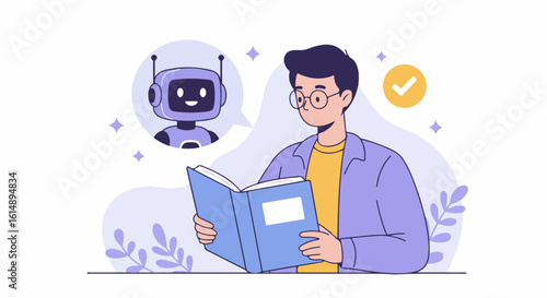 Young man attentively reads a book, guided by a helpful robot assistant.