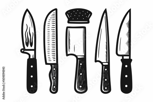 Collection of five kitchen knives with black handles and detailed blades in a graphic style
