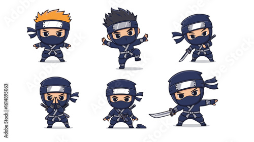 A collection of six cute chibi ninja characters in dark blue outfits