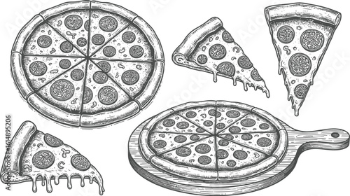 Delicious pizza slices and whole pie artfully arranged for culinary appeal