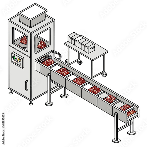 Isometric view of a food processing line with a conveyor belt and a machine with meat inside it