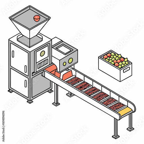 Isometric view of a food processing machine with conveyor belt and fruit in a container nearby