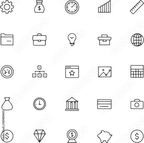 A meticulously arranged grid of thirty minimalist line art icons showcasing diverse symbols and concepts in a clean modern silhouette style for versatile digital and print applications