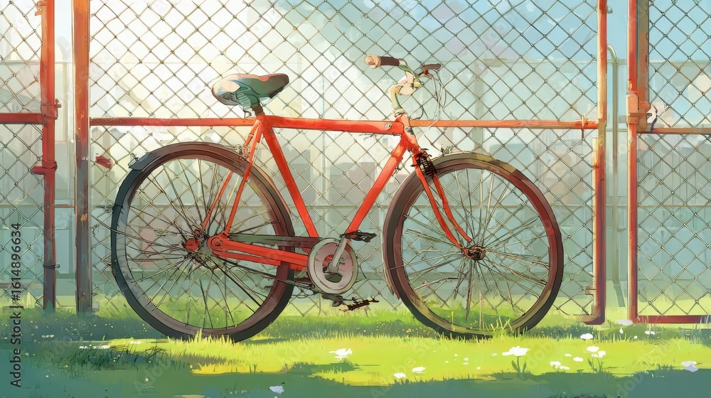 Fototapeta premium Red bicycle leaning against a wire fence.