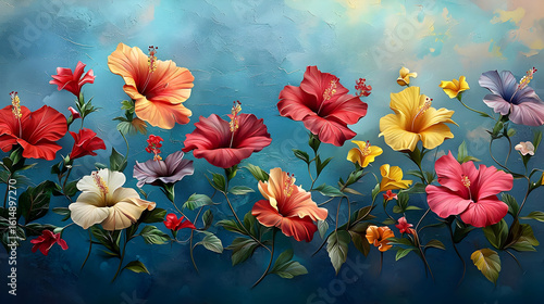 Vibrant hibiscus flowers in various colors and sizes against a textured blue background, suggesting a tropical garden or mural.  Delicate leaves and stems complete the floral design