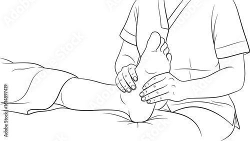 Professional Foot Massage Therapy Treatment - Healthcare and Wellness Line Art Illustration