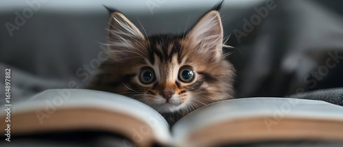 Curious kitten peeking from behind a book