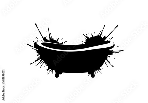 Bathtub silhouette with splash effect, black and white style, relaxation design