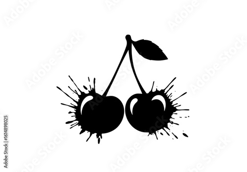 Cherry silhouette with splash effect, black and white style, fruity design