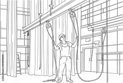 Theater Stagehand Rigging System Installation Backstage Illustration